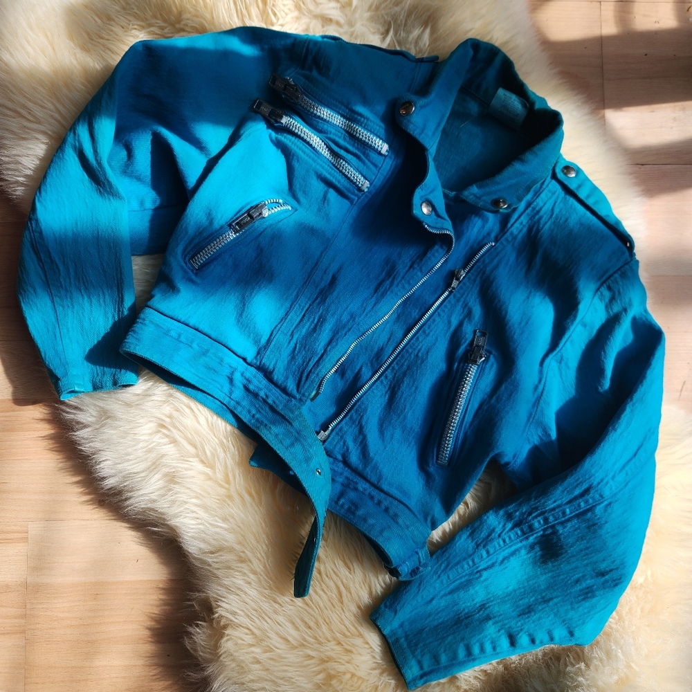 Vintage 80s Vibrant Teal Motorcycle Jacket